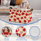 Vintage Poppy Flower Storage Baskets,Foldable Large Capacity Organizer Bins with Waterproof Lining and Leather Handles for Closet,Shelf,Bedroom 17x11.5x10Inch