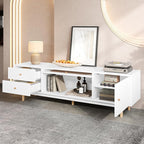 Marzzi Modern 70" TV Stand with Rattan Door, Mid-Century Boho Entertainment Center with Storage Cabinet & 2 Drawers, White Media Console with Cable Hole, Solid Wood Legs