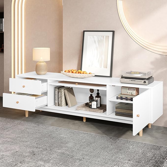 Marzzi Modern 70" TV Stand with Rattan Door, Mid-Century Boho Entertainment Center with Storage Cabinet & 2 Drawers, White Media Console with Cable Hole, Solid Wood Legs