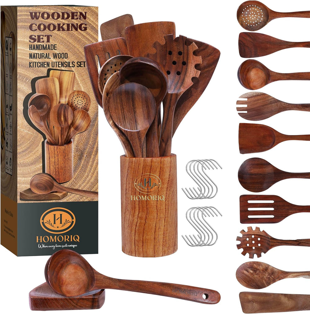 12-Piece Premium Teak Wooden Cooking Utensils Set – Heat-Resistant Spoons &am...