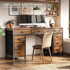 PRAISUN 54 Inch Office Desk with Outlets, Computer Desk with 9 Fabric Drawers, Writing Gaming Work Study Desk for Bedroom, Living Room, Home Office, Large Storage, Rustic Brown