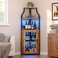 GarveeHome Corner Bar Wine Cabinet with LED Lights, 5-Tier Industrial Wine Cabinet with Glass Holder, Modern Liquor Cabinet with Adjustable Shelf, Home Bar Cabinet with Mesh Door, Rustic Brown