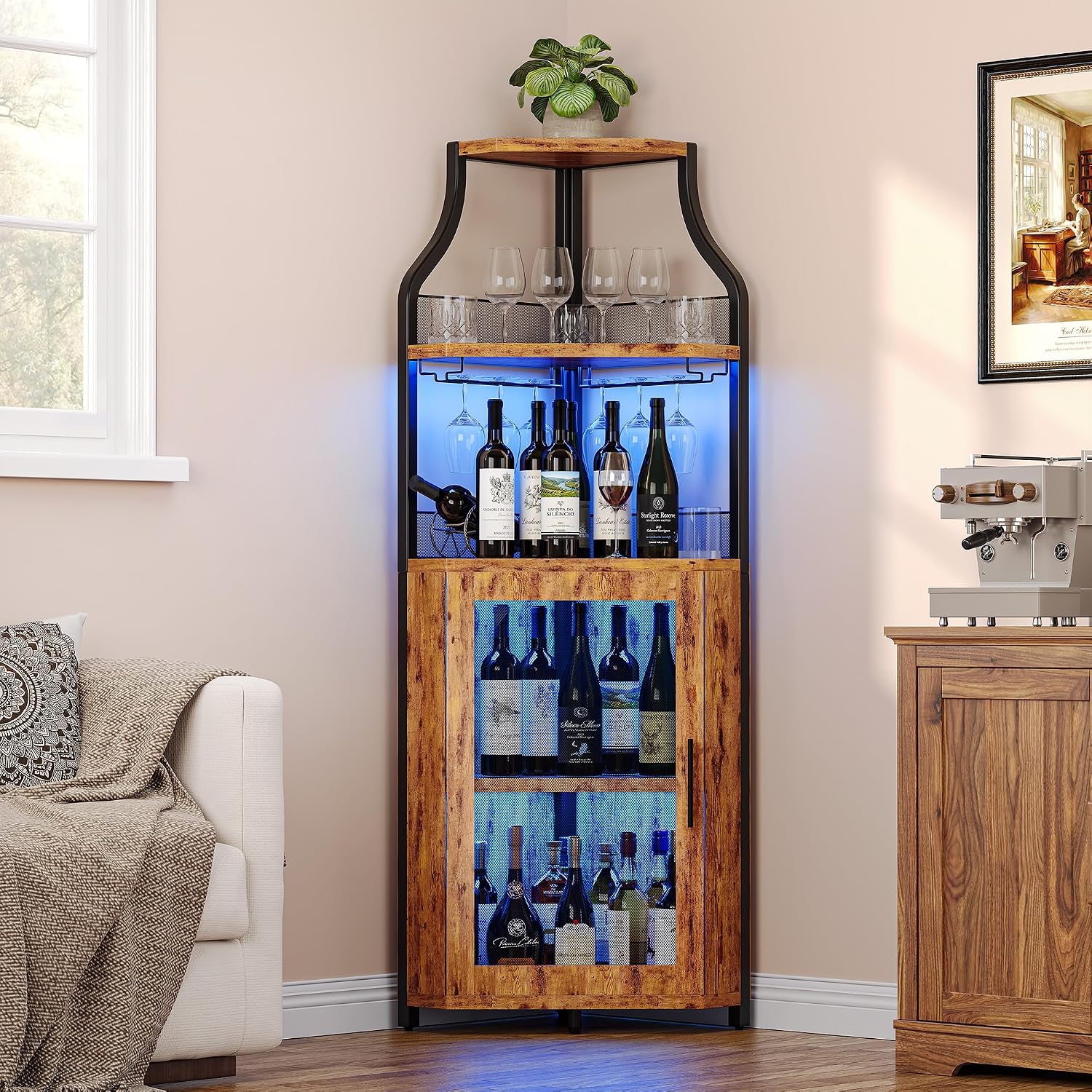 GarveeHome Corner Bar Wine Cabinet with LED Lights, 5-Tier Industrial Wine Cabinet with Glass Holder, Modern Liquor Cabinet with Adjustable Shelf, Home Bar Cabinet with Mesh Door, Rustic Brown