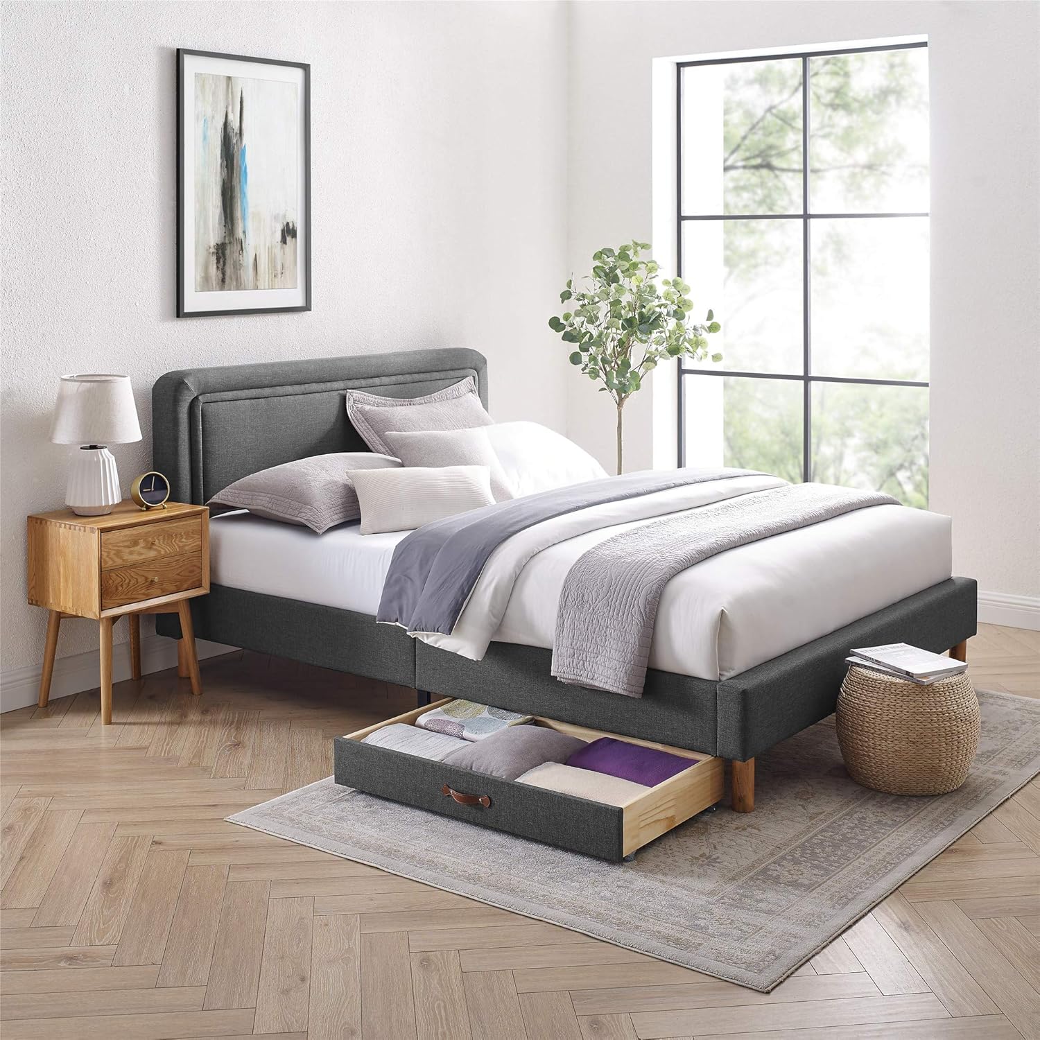 MUSEHOMEINC Upholstered Solid Wood Under Bed Storage Drawer with 4-Wheels for Bedroom/Leather Handle,Wooden Underbed Storage Organizer,Drawer Under Bed,Suggested for Twin and Full Size Platform Bed