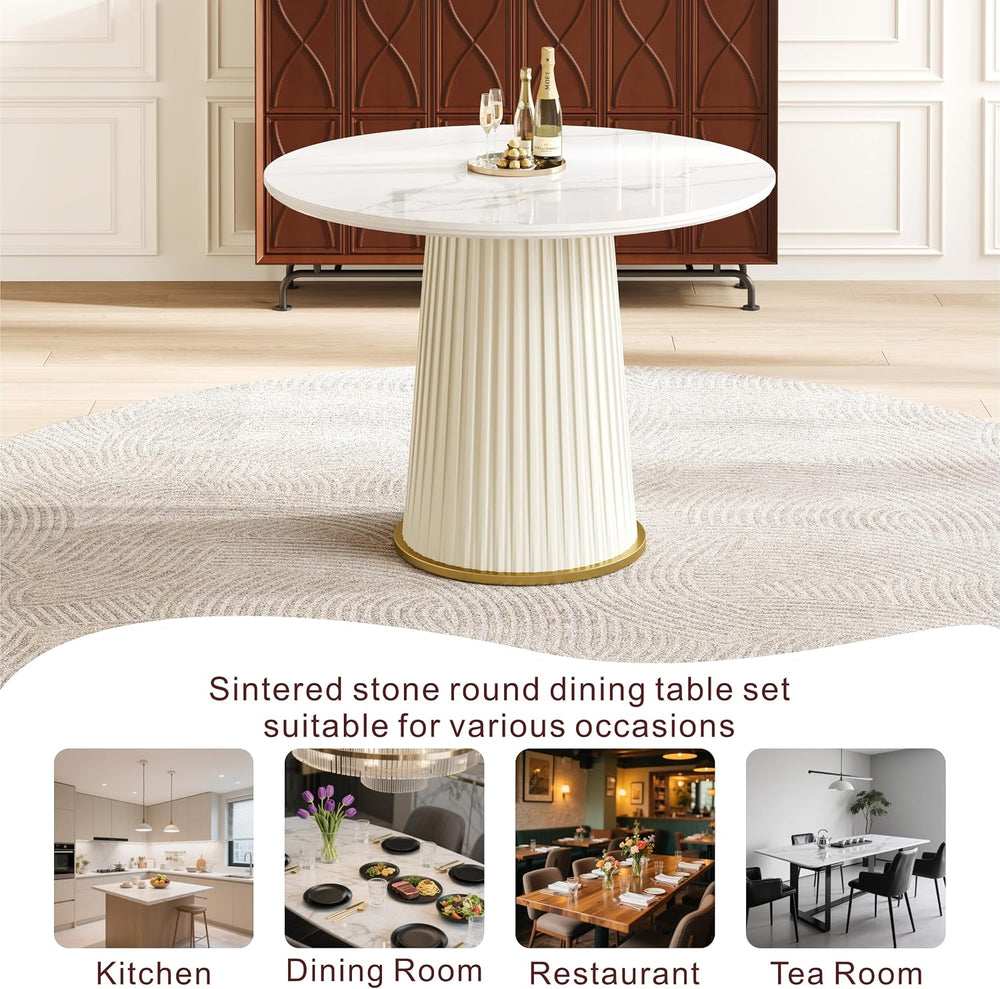 Round Dining Table with Marble Grain Top for 4-6 People,35.43 Inches Dining R...