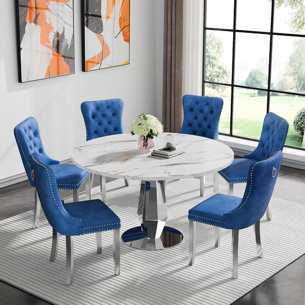 Henf Modern Round Dining Table for 4-6 White Silver 47" Faux Marble Kitc...