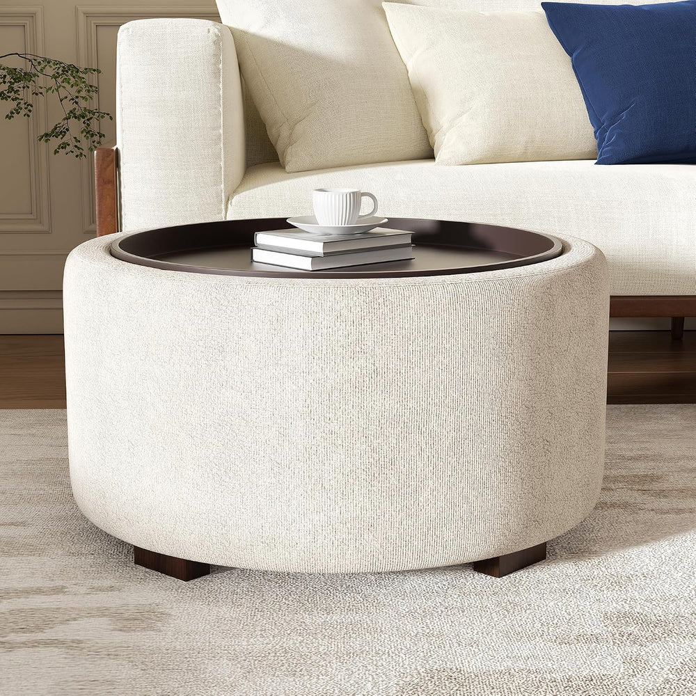 30" Round Ottoman with Storage Circular Coffee Table with Removable Wood...