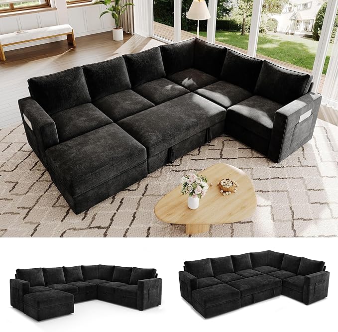 106.7" Sectional Sleeper Sofa with Pull Out Couch, Modern 7 Seat U Shaped Modular Couch, Sectionals Modular Sofa with Storage, Comfy Sectional Couches for Living Room & Apartment, Black