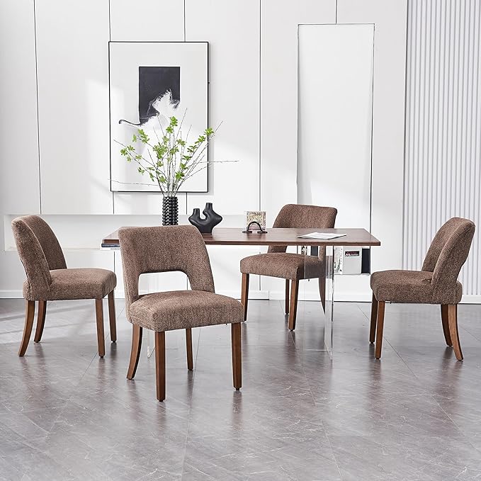VKNOW Wooden Dining Chairs Set of 4, Modern Fabric Upholstered Dining Room Chair Kitchen Chairs, Farmhouse Dinner Chair for Kitchen Dining Room, Brown