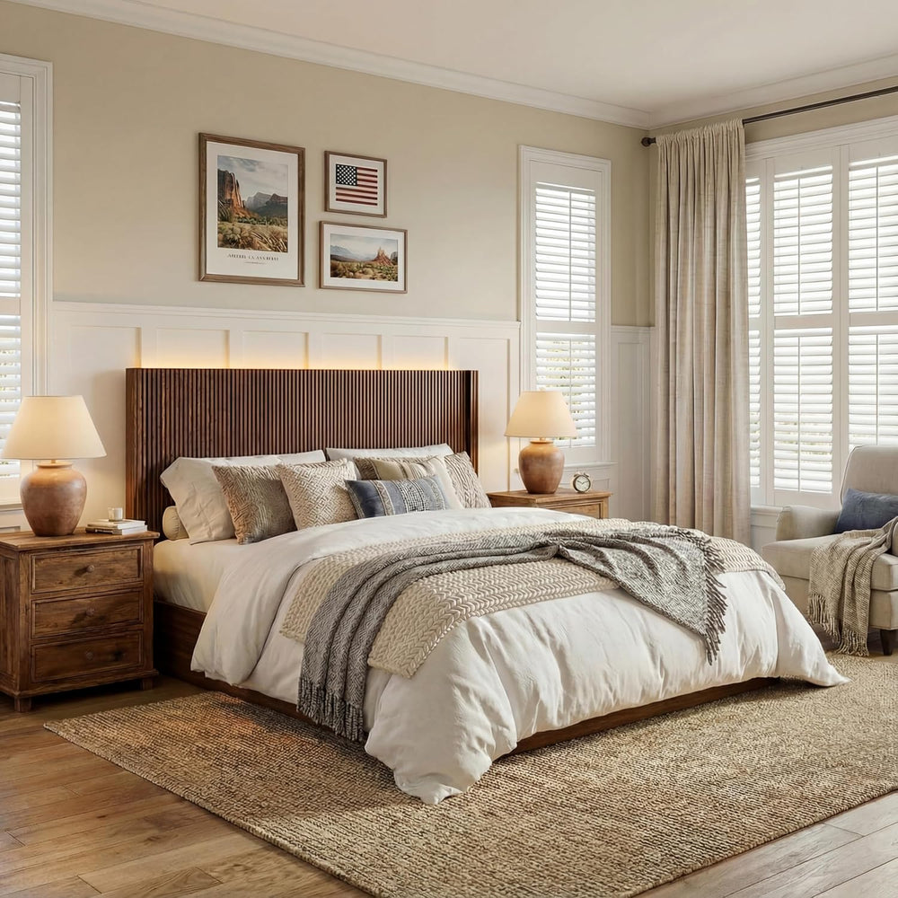 Queen Size Headboard Only, Modern Fluted Wall-Mounted Head Board with Lightin...