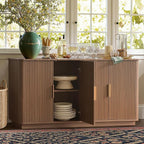 win2win 63" Fluted Sideboard Buffet Cabinet with Faux Marble Top, Mid Century Modern Credenza with Storage, Wood Media TV Console Accent Cabinet for Living Room Kitchen Hallway, Walnut