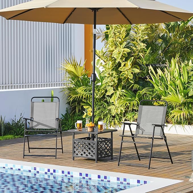 Yaheetech Outdoor Patio Chairs Set of 2, Folding Patio Chairs with Metal Frame, Armrests, Portable Dining Chairs for Camping, Lawn, Garden and Porch, Gray