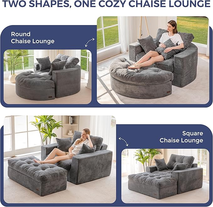 MAXYOYO Modular Sectional Chaise Lounge Sofa, 2 Sets Upholstered Lounge Chair with Ottoman, Comfy Round+ Square Couch with Layered Cushion, Tufted Sleeper Chair for Living Room, No Assembly, Dark Grey