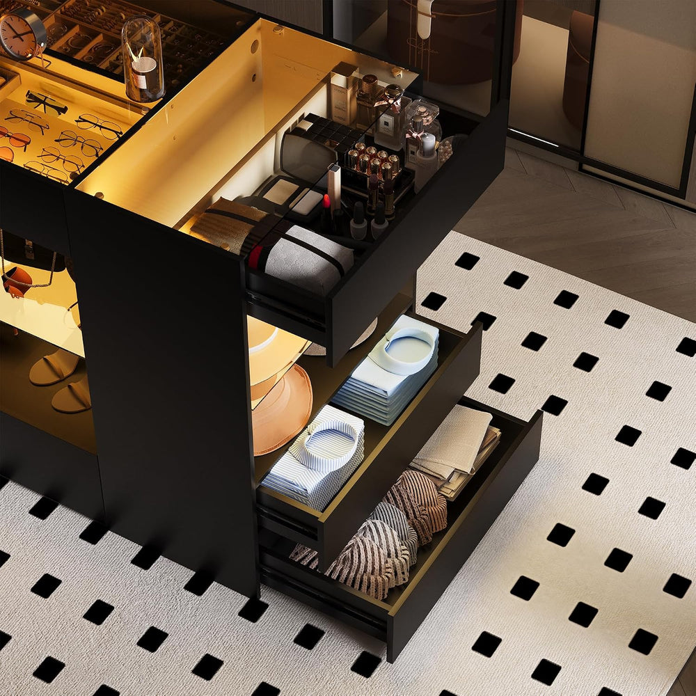 Kikihouse Modern Closet Island with 10 Drawers, LED Wardrobe Armoire Island w...