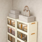 Plastic Stackable Storage Bins with 2 Lids and Wheels, Foldable Closet Organizers and Storage Containers, Collapsible Clear Drawer Storage Cabinet with Doors Ivory White 273.6 QT