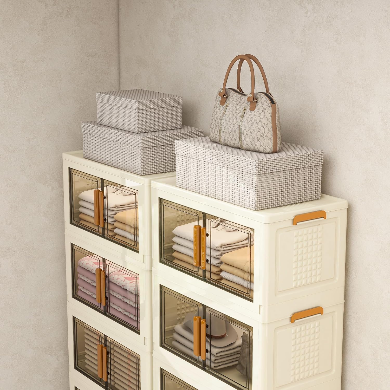Plastic Stackable Storage Bins with Lids and Wheels, Foldable Closet Organizers and Storage Containers, Collapsible Clear Drawer Storage Cabinet with Doors Ivory White 182.4 QT
