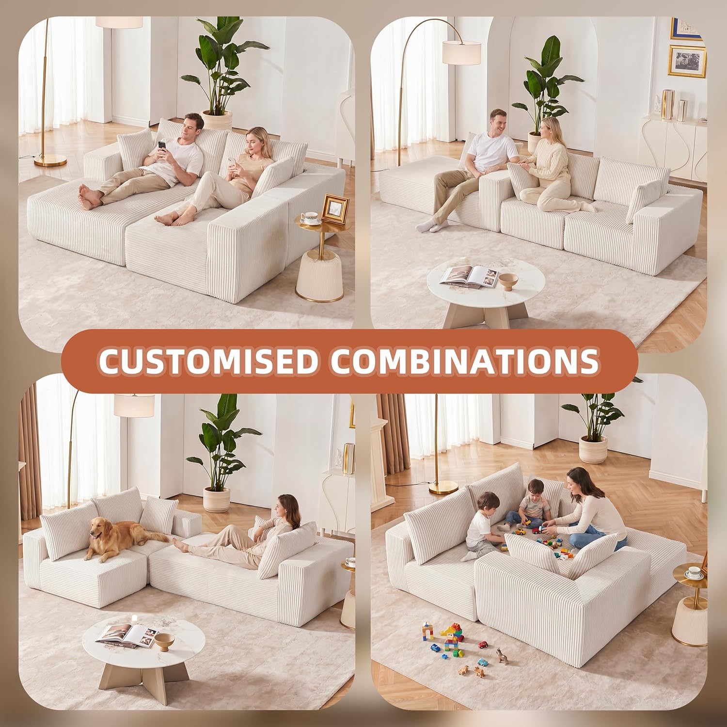 108" Boneless Couch with Chaise, Modular Sofa with Deep Seat, Beige | Deep Seat Modular Sectional Sofa for Living Room, Upholstered Corduroy Couch for Apartment, Convertible No Assembly Sofa