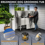 KANIS Professional Dog Washing Station - 304 Stainless Steel Pet Wash Sink & Grooming Bathtub w/Shower, Floor Grates and Storage for Large, Medium & Small Pets (61", 1 Drawer - Left Ramp)