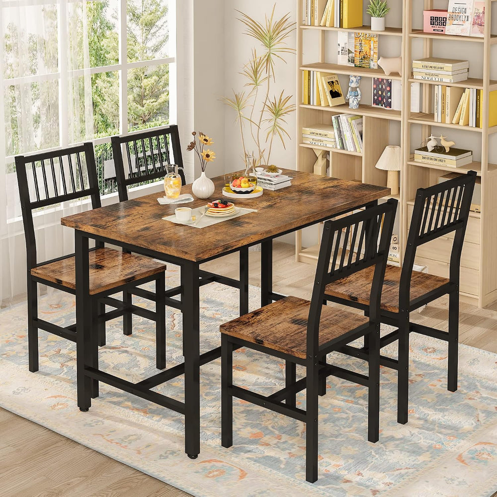 AWQM Dining Table Set for 4, Industrial Table with Chair Set, Rustic Brown | ...