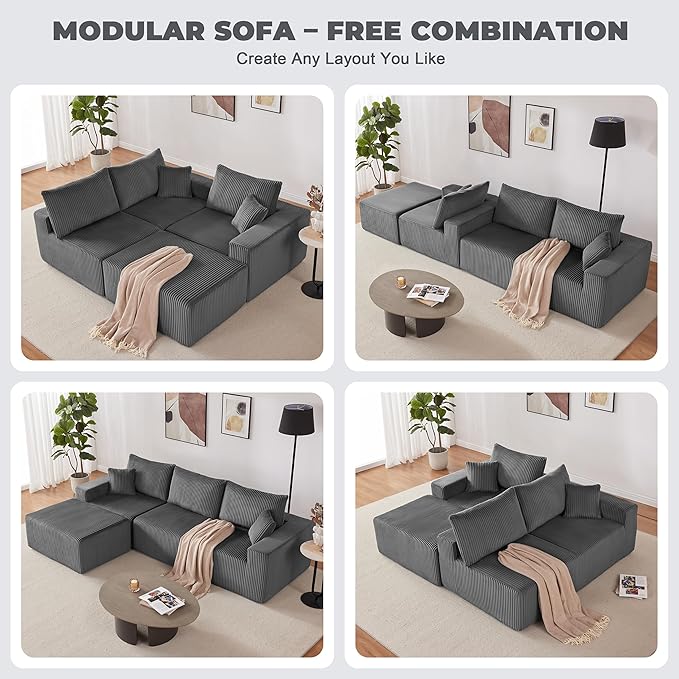 107" Modular Sectional Sofa, L-Shaped Boneless Couch with Deep Seat, Cozy Cloud Couch Sectional with Convertible Ottoman, Modern Sectional Couches for Living Room, No Assembly, Darkgray