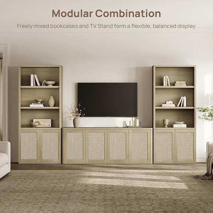 SICOTAS Rattan TV Stand for 65 70 inch TV - Large Entertainment Center TV Consoles for Living Room Bedroom, Farmhouse Television Stands with Storage Cabinet Boho Modular Media Console, Sand Oak