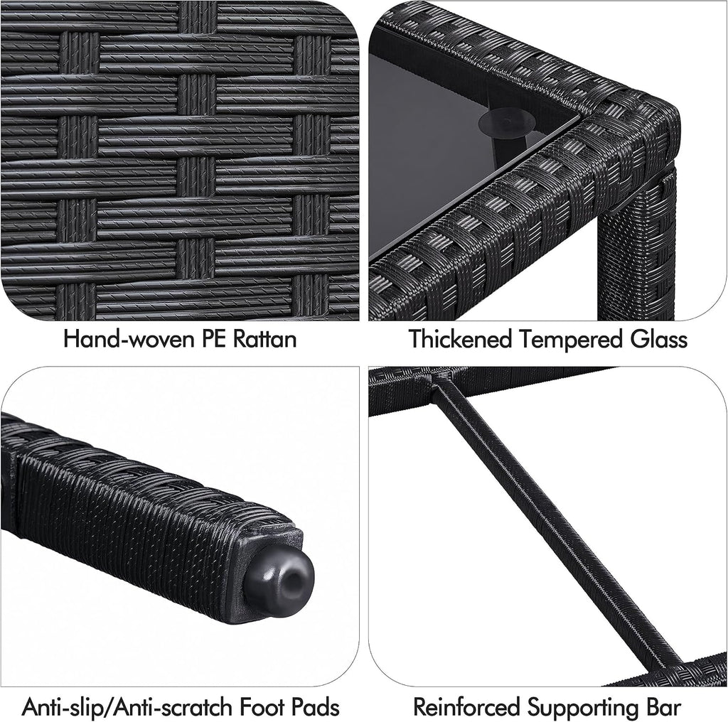 Yaheetech Outdoor Wicker Coffee Side Table with Tempered Glass Top, Black | All-Weather Rattan Patio Storage Furniture for Garden