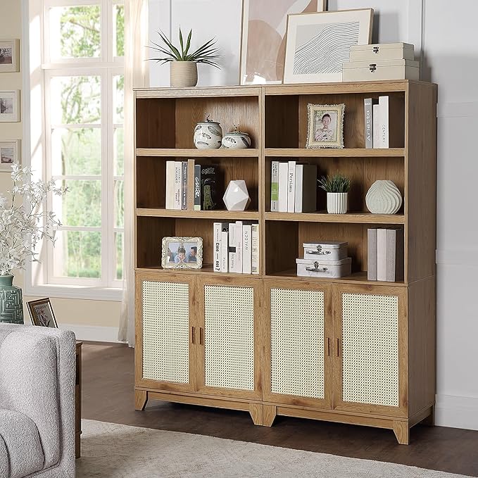 Manhattan Comfort Sheridan Modern Cane Bookcase with Adjustable Open Shelves,...