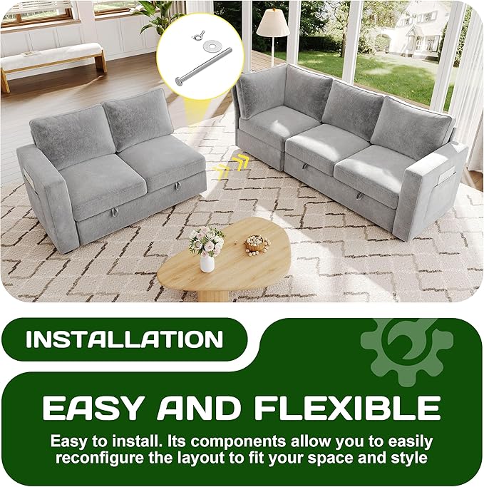 83.5" Sectional Sleeper Sofa with Pull Out Couch, Modern 5 Seat L Shaped Modular Couch, Sectionals Modular Sofa with Storage, Comfy Sectional Couches for Living Room & Apartment, Light Gray