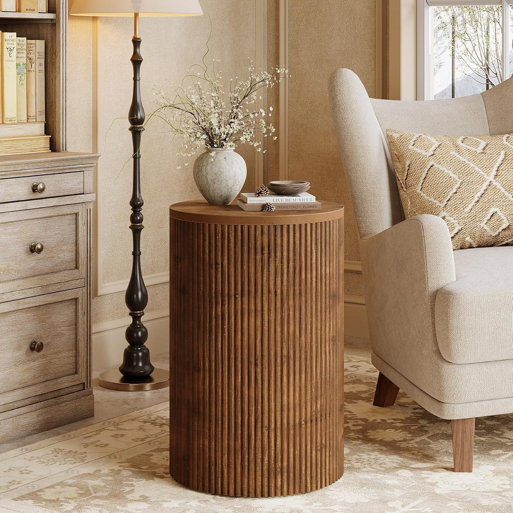 Solid Wood Round Side Table with Storage, No-Assembly Fluted End Table with 4...