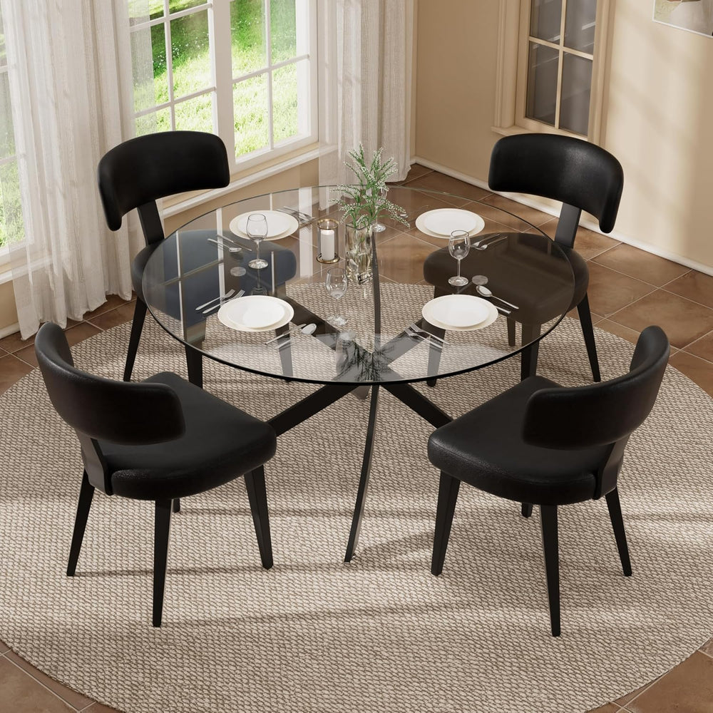 Dining Table Set for 4, 47" Round Kitchen Table with 4 Leather Dining Ch...