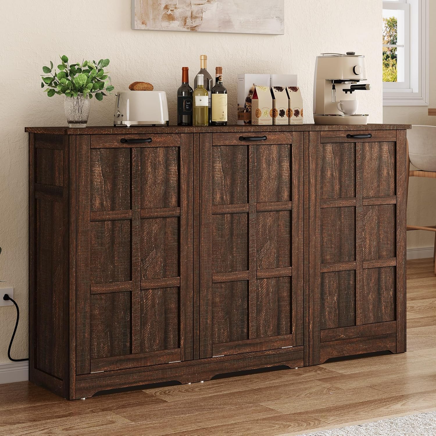 YITAHOME Kitchen Island with Power Outlet, 2 Tilt-Out Compartments | 2 tilt‑out compartments fit 13‑gallon trash bins. Adjustable shelf meets your storage demands
