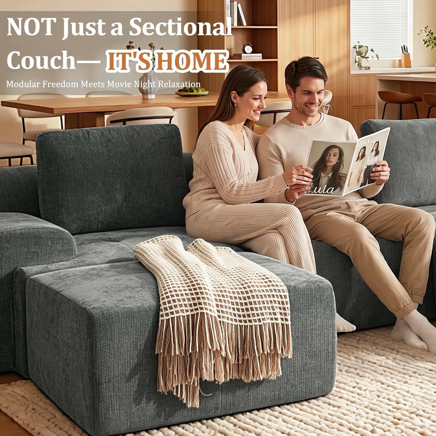 159" U Shaped Oversized Boneless Couch, Comfort Cloud Sectional Couches for Living Room, Modular Sofa High Back & Extra Deep Seat, No Assembly, Soft Chenille (Dark Grey, 159 inch-U shaped（4+2）)
