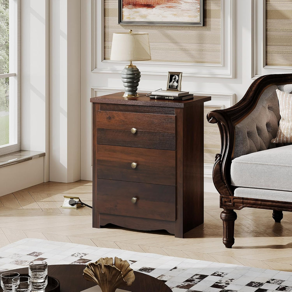 WLIVE Tall Nightstand with Charging Station, Wood Night Stand with 3 Drawers ...