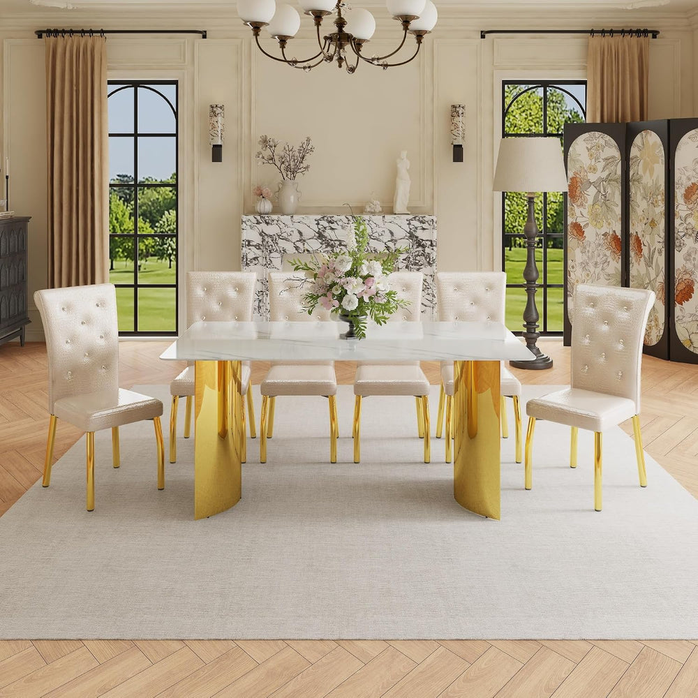 71" Dining Table Set for 6, White Faux Marble Dining Room Table Set for ...