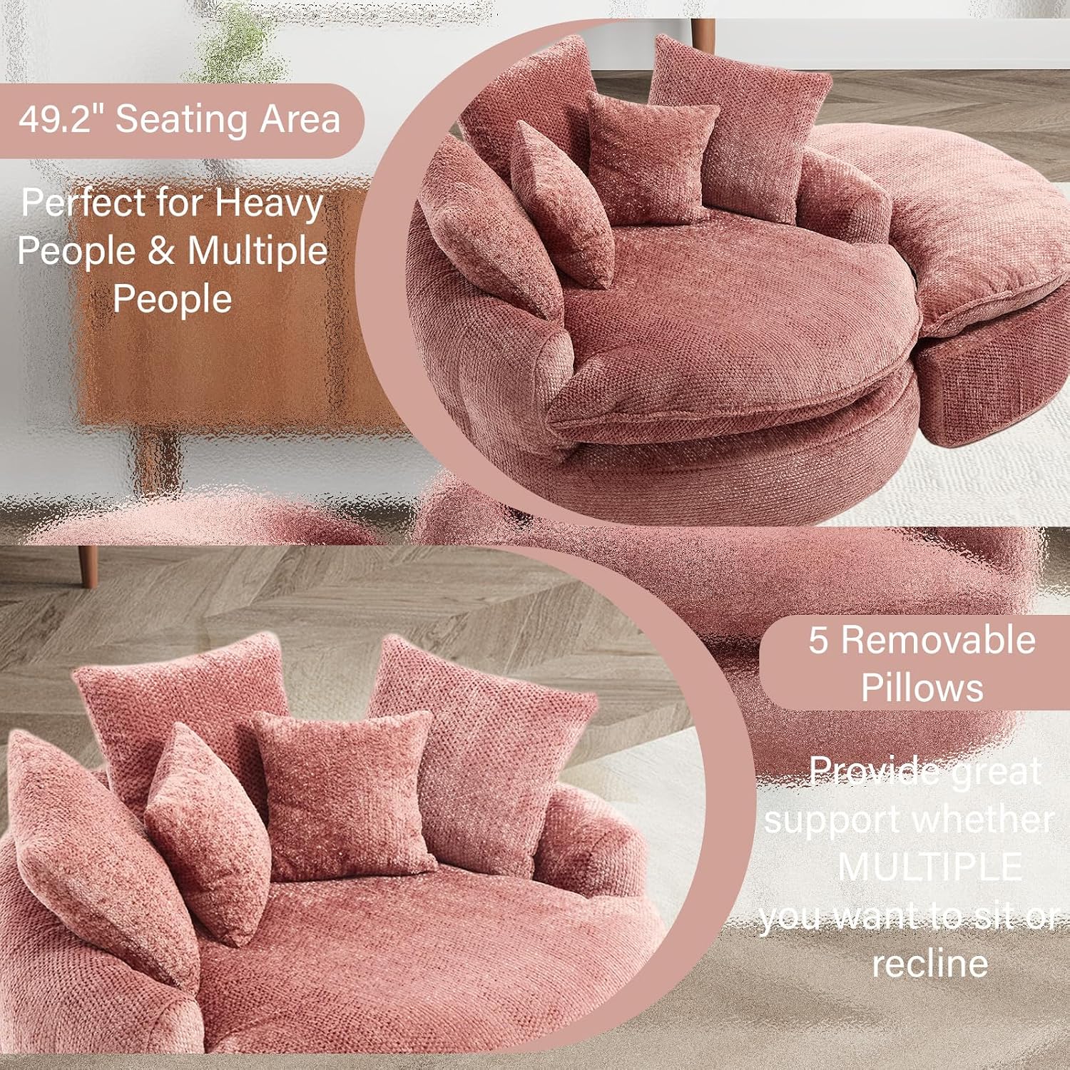 54'' Oversized Round Bean Bag Chaise Lounge Barrel Chair with Movable Ottoman, Fluffy Cloud Couch Boneless Round Sofa Chair for Living Room, Bedroom, Apartment, Pink