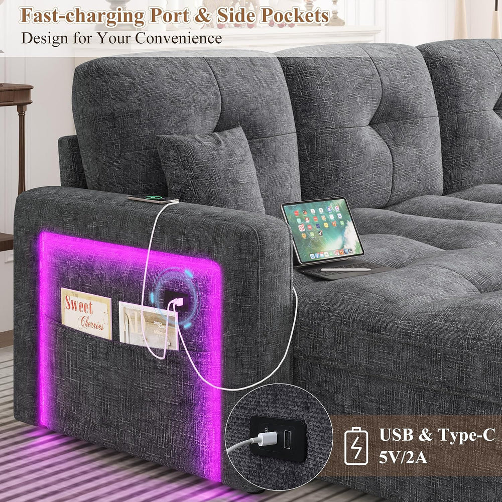 107'' LED U-Shaped Sectional Couch for Living Room, Sleeper Sofa Bed,...