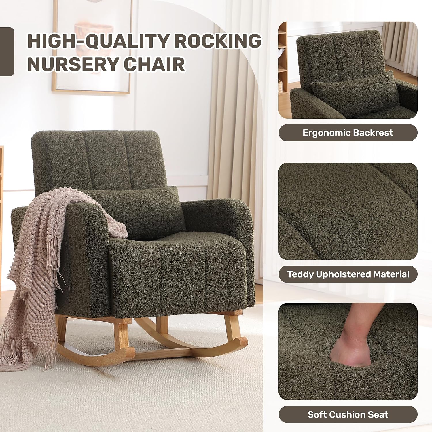 HCHAIRH Rocking Chair with Ottoman, Nursery Glider Rocker with High Backrest and Side Pocket, Teddy Rocking Accent Armchair with Solid Wood Legs for Nursery, Living Room, Bedroom Green