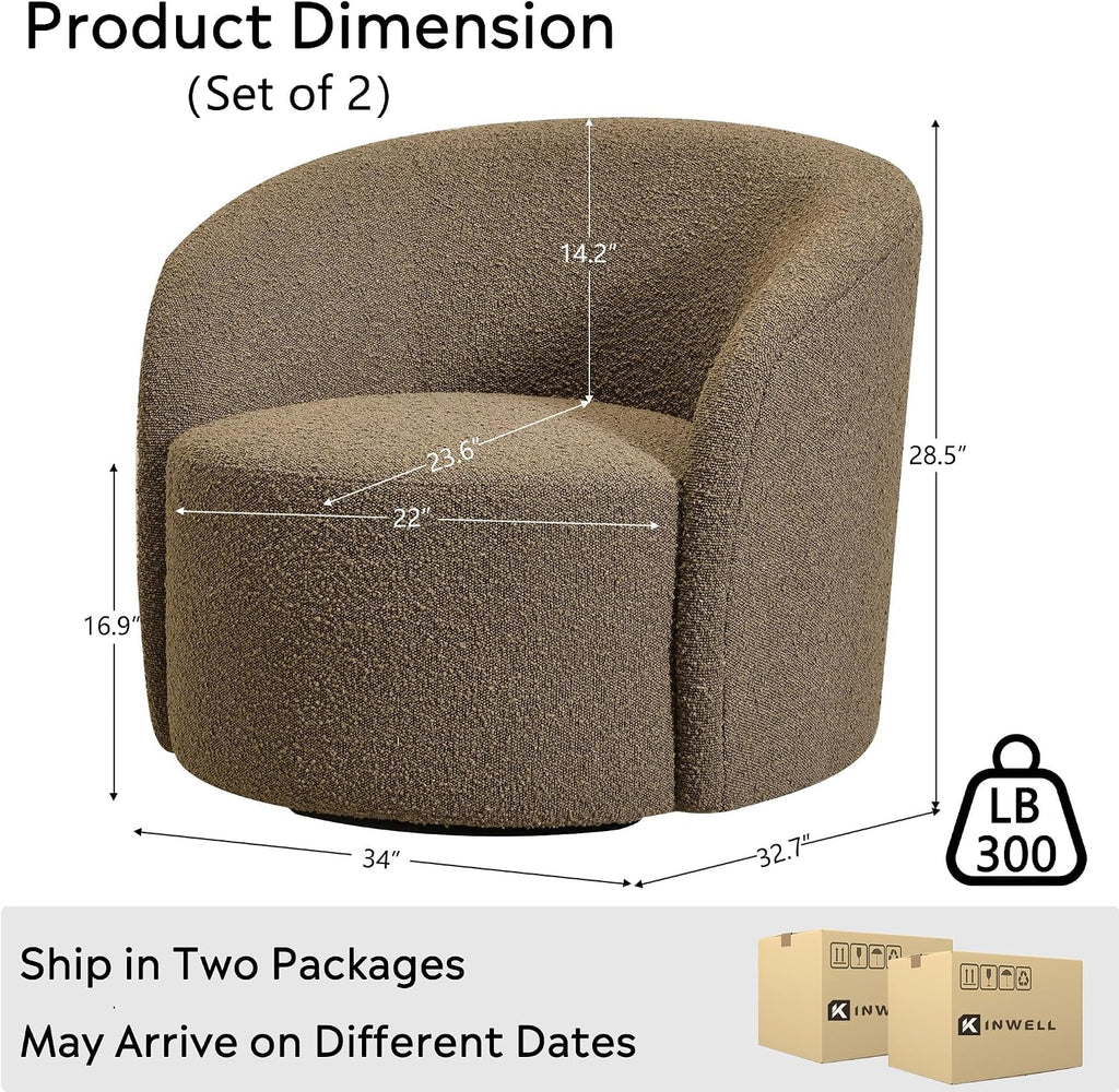 KINWELL 34" W Swivel Barrel Chair Set of 2, Mid Century Modern Round Upholstered Boucle Swivel Accent Chairs, No Assembly Sofa Chair for Living Room Bedroom Reading, Teddy Brown
