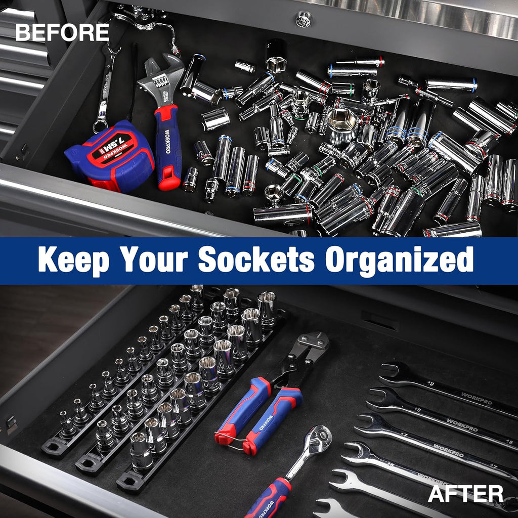WORKPRO Magnetic Socket Organizer, 1/4-Inch Drive Aluminum Alloy Socket Rail, Heavy Duty Socket Holder, Socket Rack Kit 1/4-Inch x 12 Clips Black (Socket not Included)
