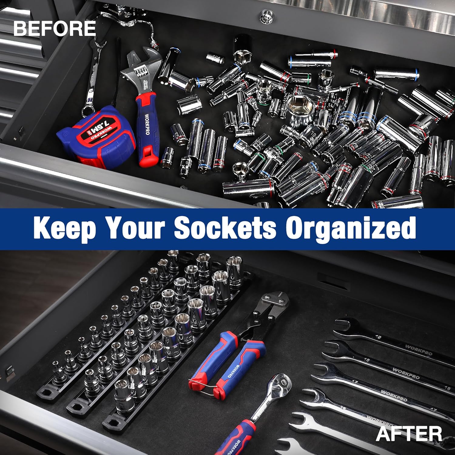 WORKPRO Magnetic Socket Organizer, 1/4-Inch Drive Aluminum Alloy Socket Rail, Heavy Duty Socket Holder, Socket Rack Kit 1/4-Inch x 12 Clips Black (Socket not Included)