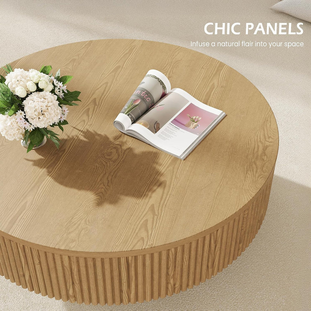 YOUDENOVA 31.5” Round Fluted Coffee Table, Modern Wood Circle Coffee Table, V...
