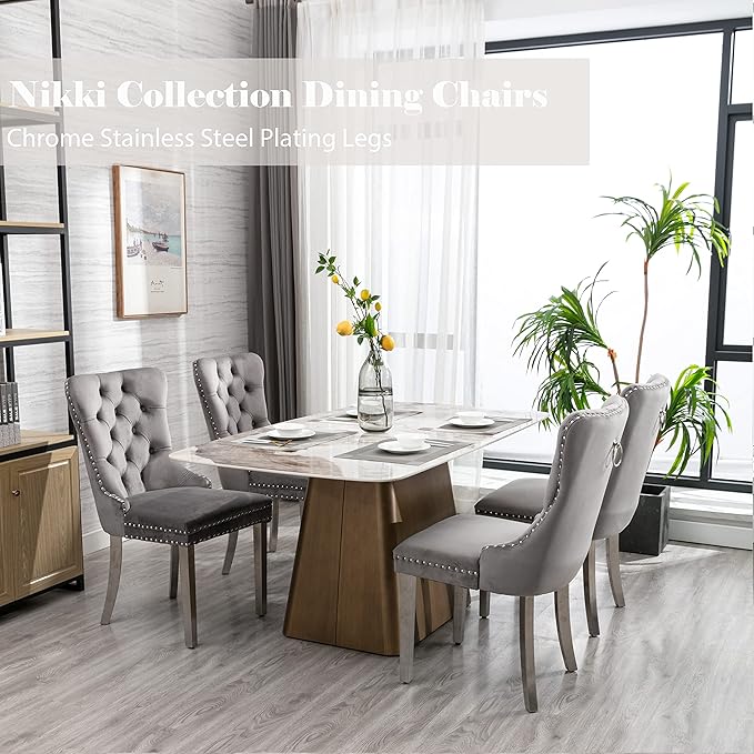 Dining Room Chairs Set of 4, Velvet Upholstered Dining Chairs with Back Ring Pull Trim and Sliver Stainless Steel Legs,Modern Dining Chair Perfect for Dining Room,Kitchen(Grey)