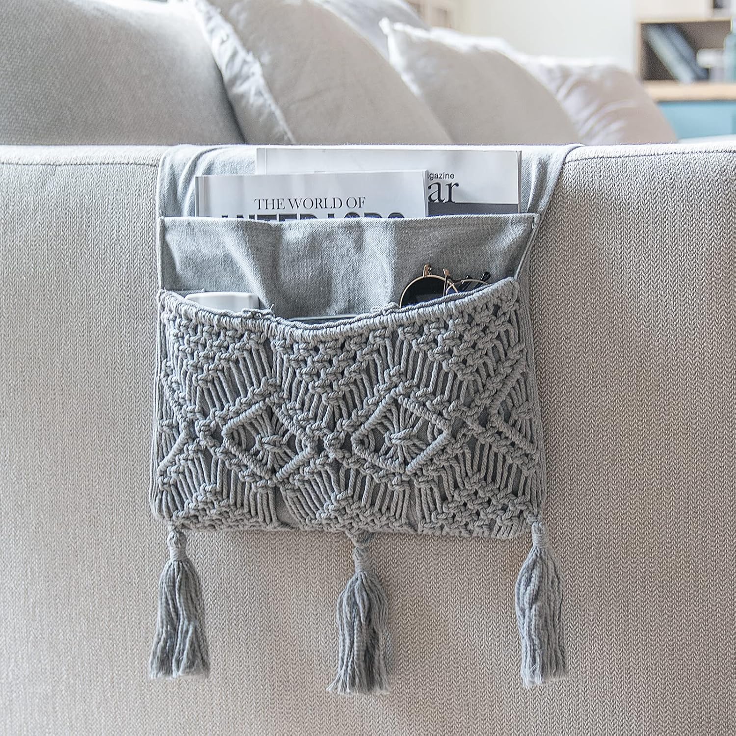 Mkono Macrame Couch Organizer Remote Control Caddy Sofa Armrest Armchair Bedside Storage Holder Bag for TV Remote, Magazine, Books, Cell Phone, iPad, Boho Living Room Home Dorm Decor, Grey