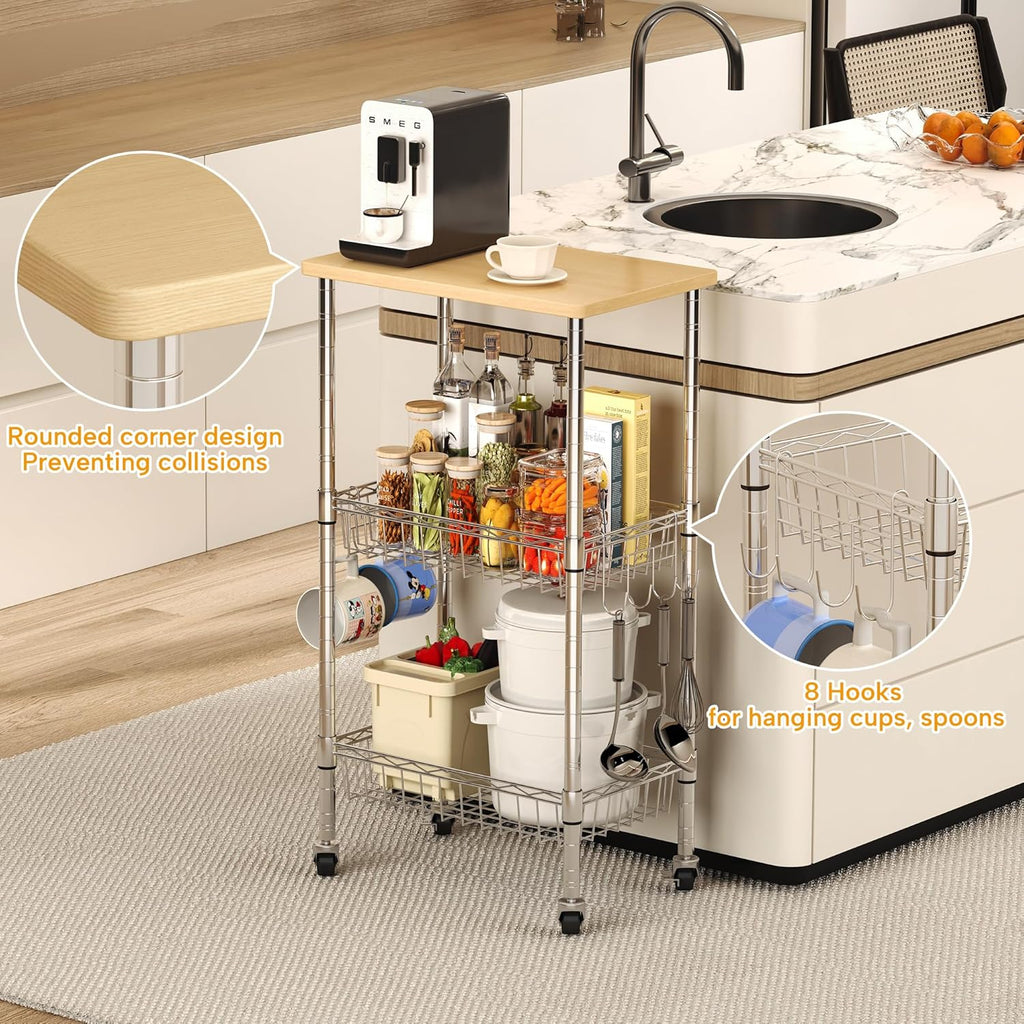 Homeiju Rolling Kitchen Storage Cart, 3-Tier Storage Rack on Caster Wheels with Adjustable 2 Baskets, Coffee Station Cart Rack Shelf Organizer for Living Room Office, Balcony, Chrome/Silver