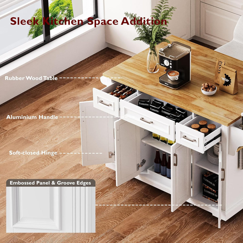 54" Folding Kitchen Island, Embossed Texture&Silver Handle,White | R...