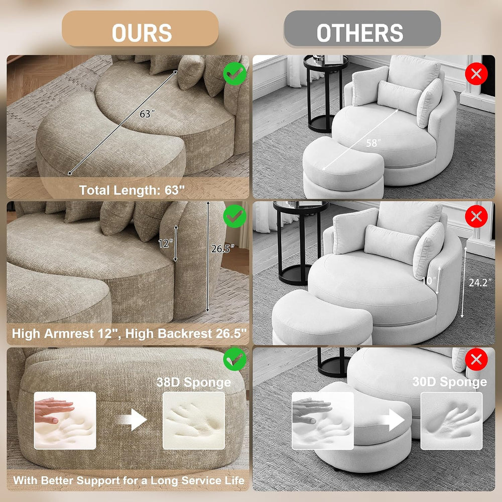 53.5" Oversized Round Chaise Lounge with Ottoman, Chenille, Light Brown ...