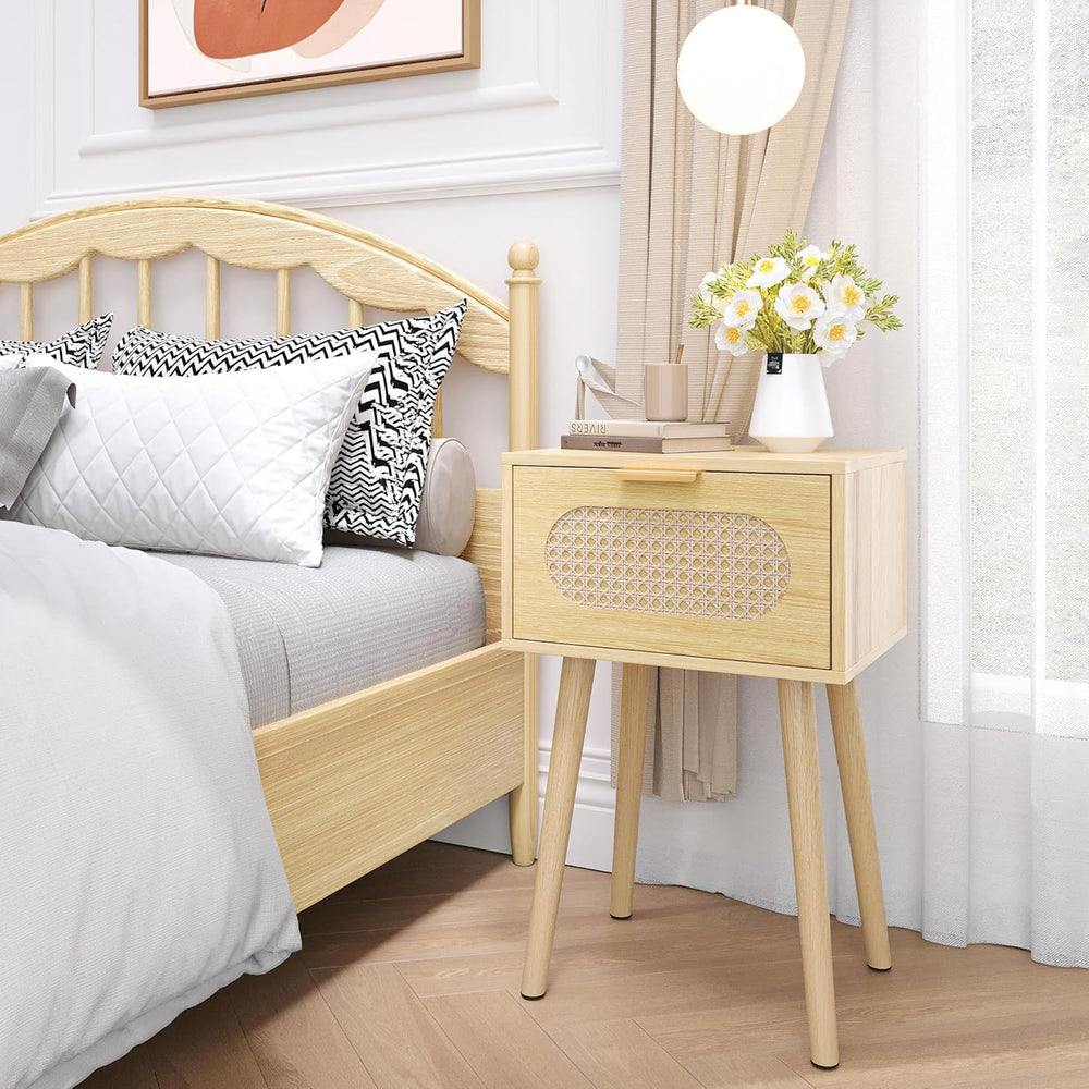 Nightstands Set of 2, Bedside Table with Rattan Door, Boho End Table with Sol...