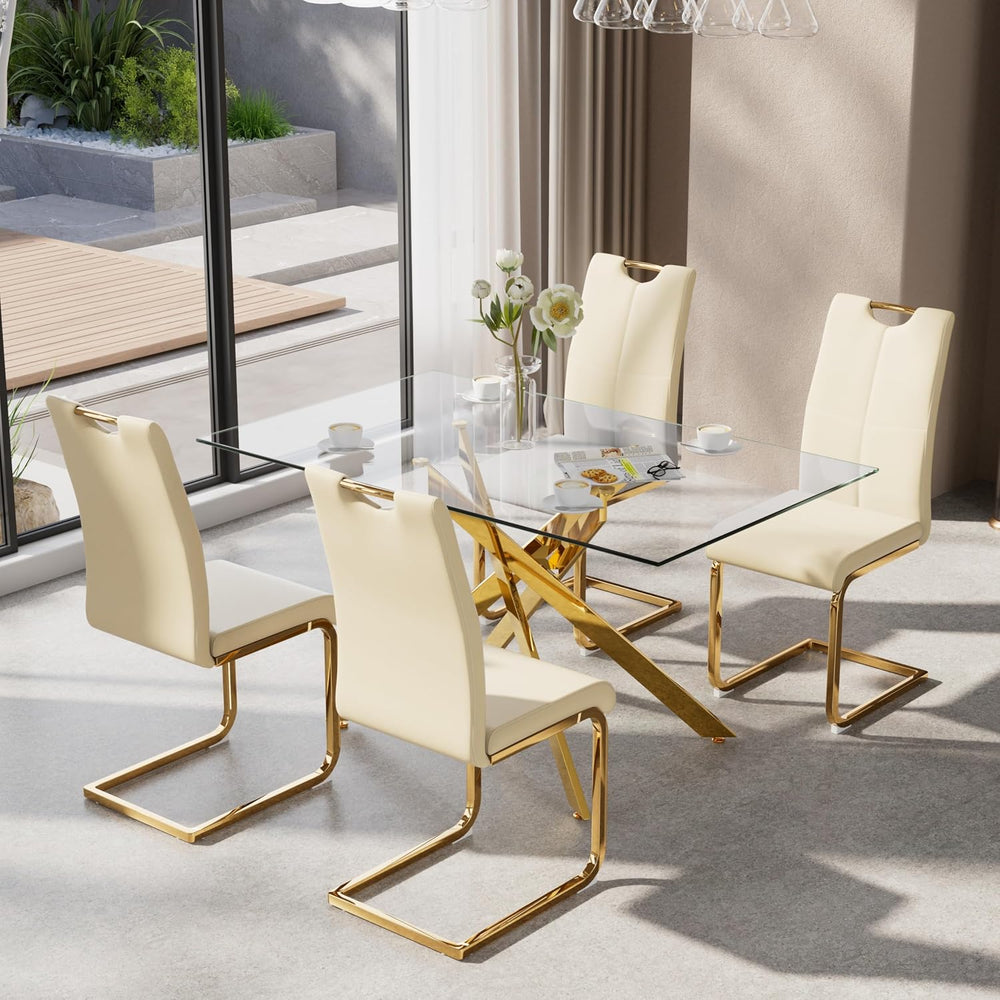 5-Piece Dining Table Set for 4, Modern Rectangular Glass Table with 4 Upholst...