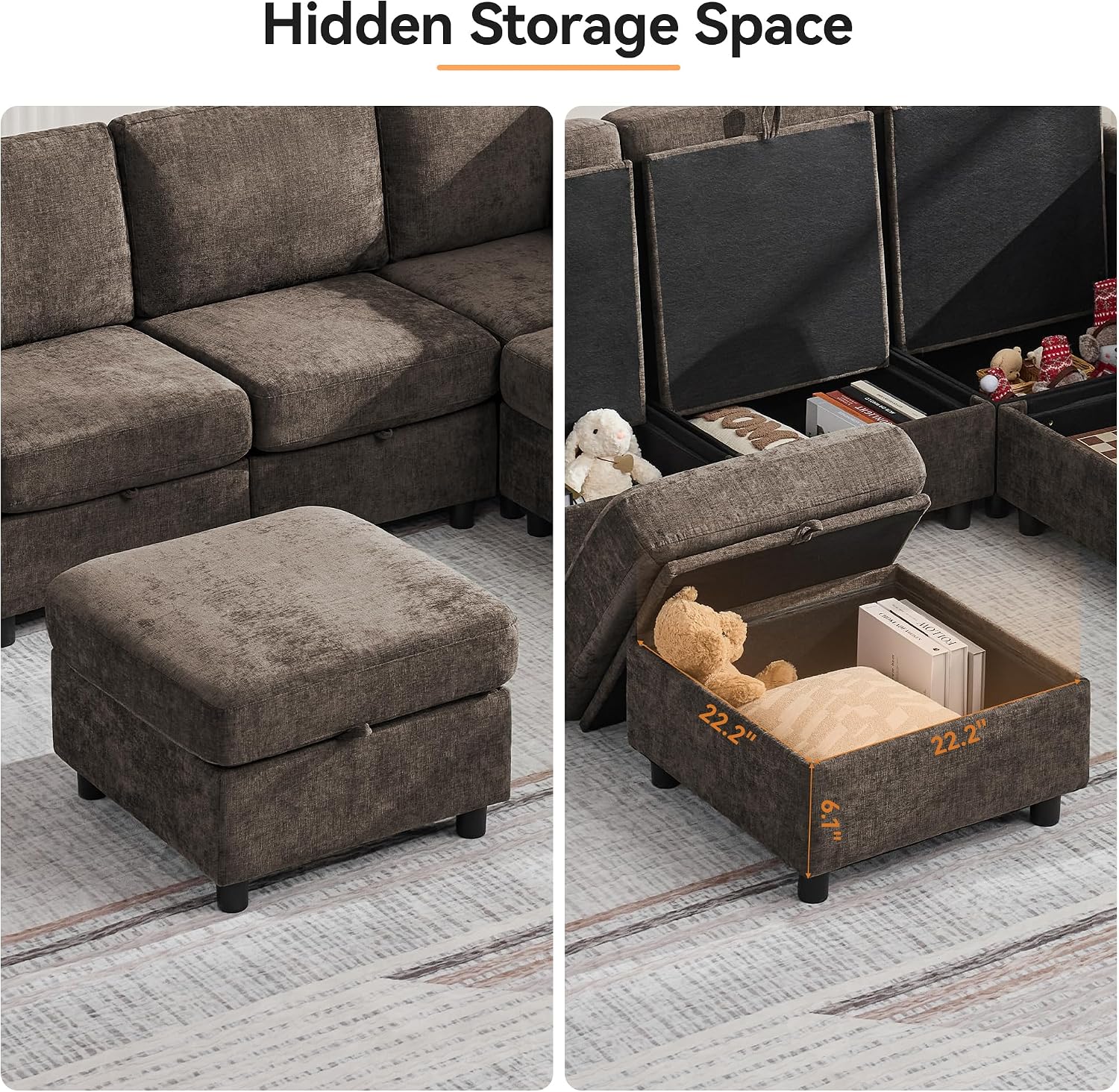 WUTUTUEE 25'' Square Storage Ottoman Module for Modular Sectional Sofa, Living Room Coffee Table Sectional Ottoman Footrest for Convertible Couch, Chenille Brown