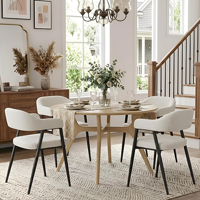 HNY Modern Dining Room Arm Chairs Set of 4, Faux Sherpa Boucle Upholstered Ba...